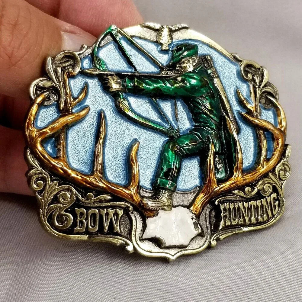 Belt Buckle 1986 Bow Hunting Deer Antlers Hunter Archery Painted Made In The USA